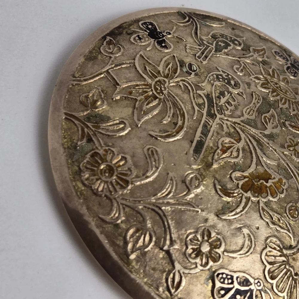 Vintage MCM Brass Floral Etched Round Trinket Dish India